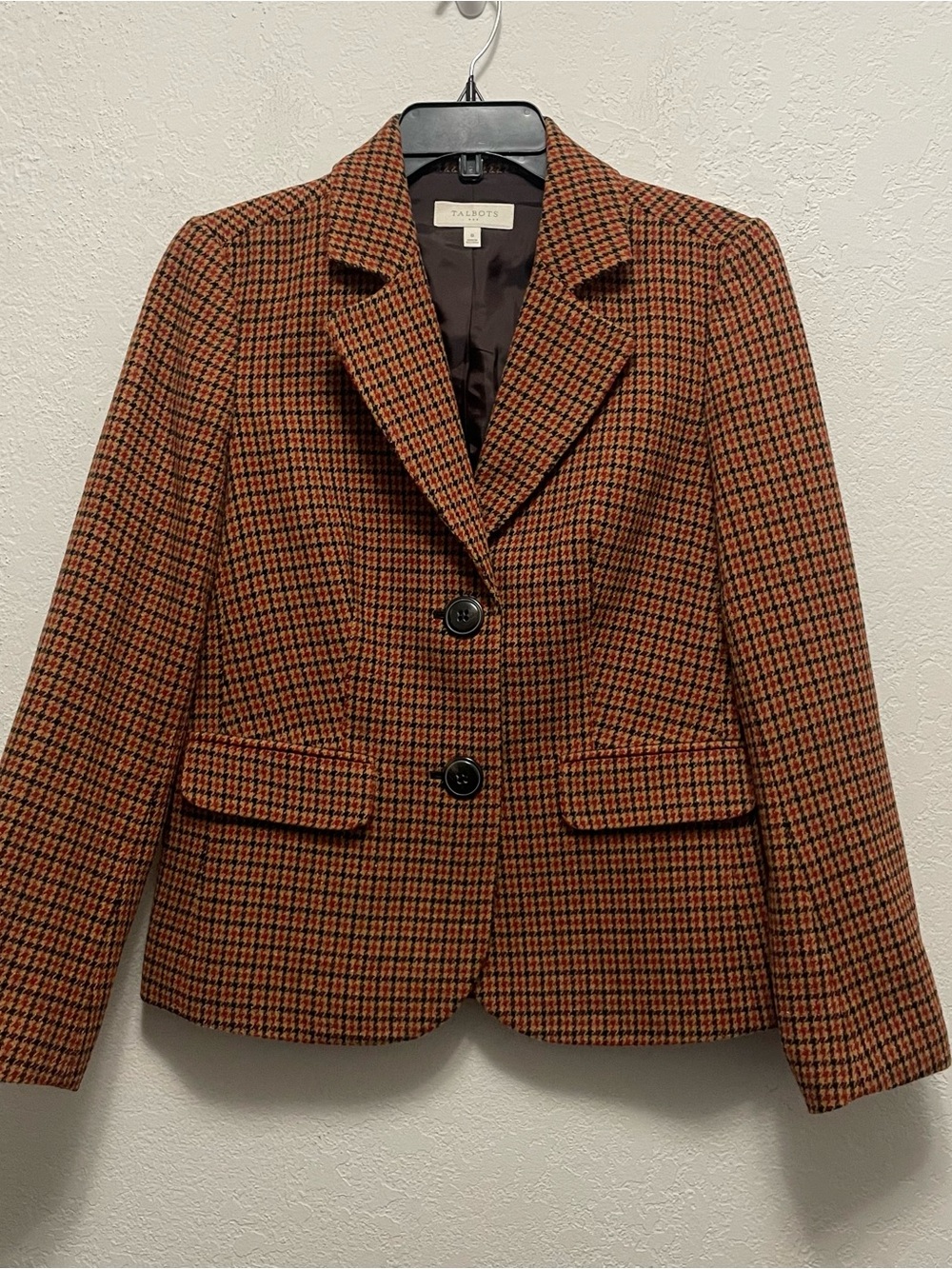 Talbots Blazer Jacket Womens 10 Houndstooth Plaid Wool Blend Academia